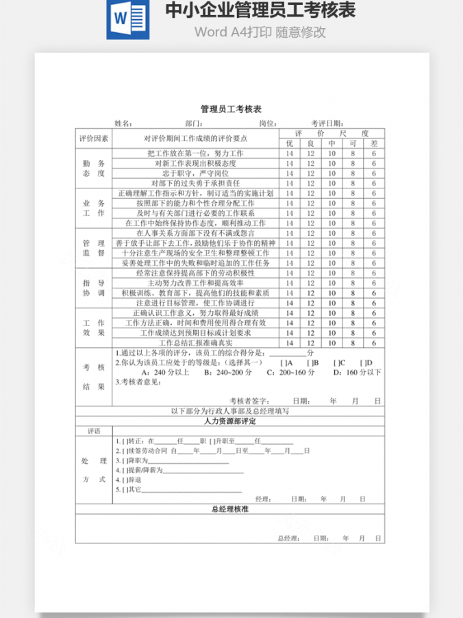 中小企业管理员工考核表Word模板